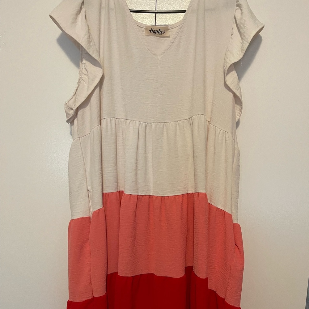 Elegant Tiered Midi Dress in Cream, Pink, and Red